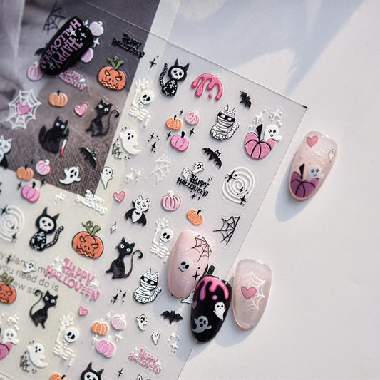 Halloween Nail Art Stickers Pumpkin Nail Stickers 5D Embossed Ghost Nail Decals Bat Spider Web Cat Skull Mummy Designs Self Adhesive Nail Art Supplies for Women Girls DIY Nail Art Decorations 1 Sheet