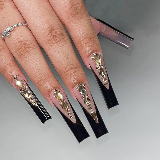 Square Press on Nails Long Fake Nails Extra Long Black Artificial Nail with Rhinestone Designs French Stick on Nail for Women 24pcs