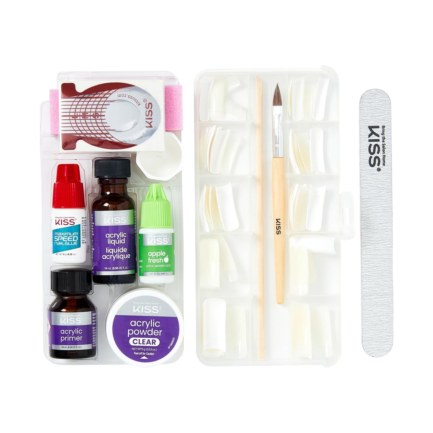 KISS Complete Salon Acrylic Fake Nails Manicure Kit, Acrylic Liquid, Acrylic Primer, Acrylic Powder Clear, Maximum Speed Nail Glue, Masking Formula, & 60 Long Length Bubble Free Acrylic Nails