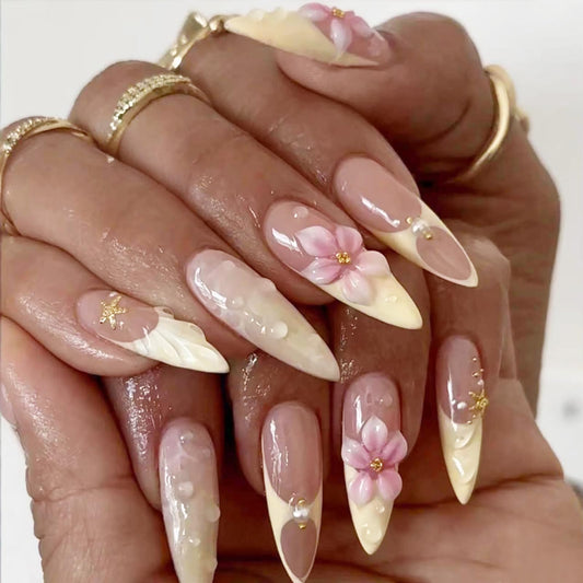 French Tip Press on Nails Long Almond Fake Nails 3D Flower Glossy False Nails Gradient Creamy Yellow Stick on Nails for Women Nail Art 24Pcs