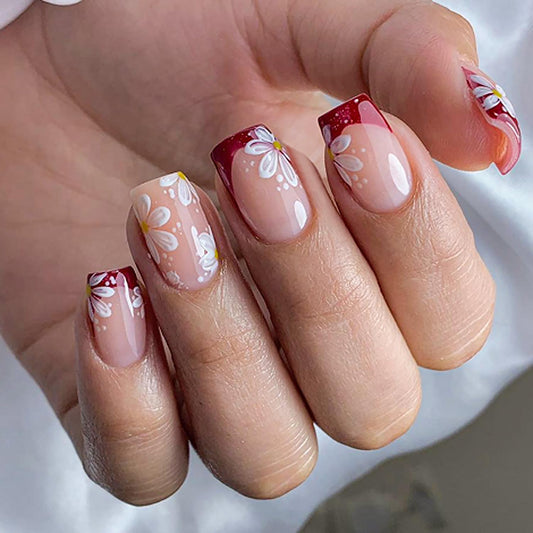 Red French Tip Press on Nails Short Square Fake Nails with Glue French Nail Tip Design Acrylic Nails Supply Full Cover False Nails Stick on Nails for Women DIY Manicure Party Nails Decoration 24Pcs