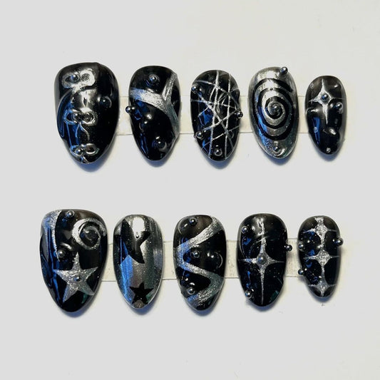 30Pcs Black Press On Nails, Goth Y2K Almond Fake Nails Punk Star Swirl Glue On Nails with 3D Beads Design Silver Stars Irregular French False Nail Gothic Handmade Reusable Cute Stick on Nail for Women
