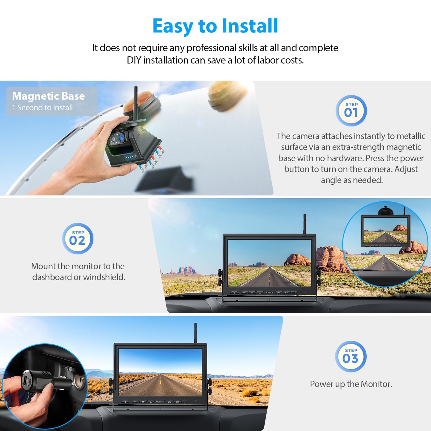 ZEROXCLUB Magnetic Solar Wireless Backup Camera HD 1080P 10" DVR Monitor, Dual RV Cameras Wireless System for Hitch Towing Travel RV Camper 5th Wheel, Built-in 9600mAh Battery & Solar Panel, BD102