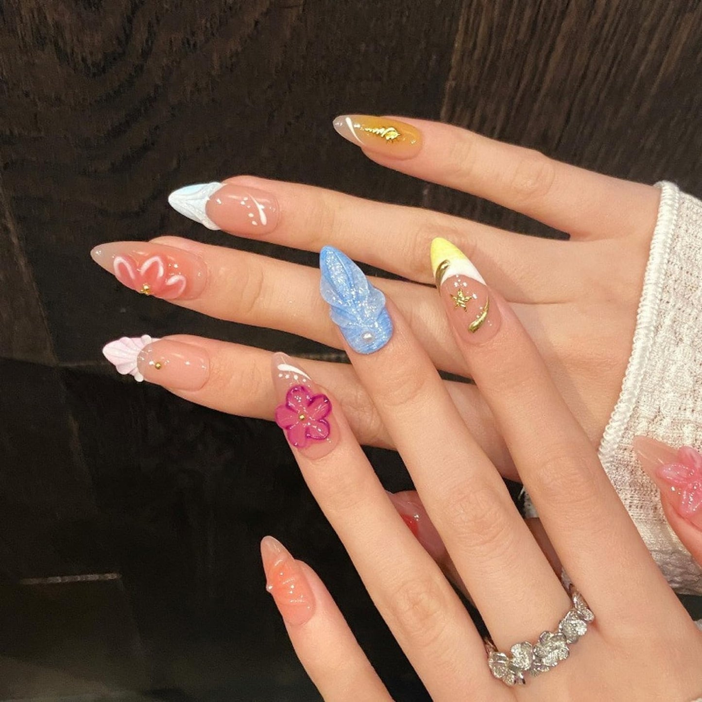 Luxury Press on Nails Medium Almond Handmade 3D Unique Reusable ABS Material Fake Nails French Tip False Nails with Designs Stars Pink Flower Art Petal Glossy Glue on Thick Acrylic Nails(S)