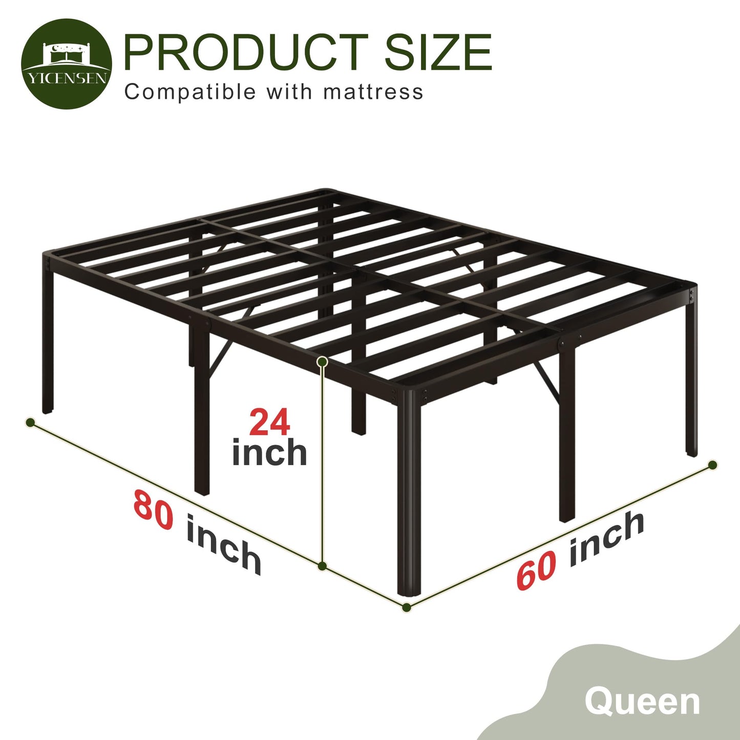 Yicensen 24 Inch High Queen Bed Frame Rounded Corner No Box Spring Needed, Heavy Duty Metal Queen Size Platform Bed Frame, Easy Assembly, Noise Free, Black