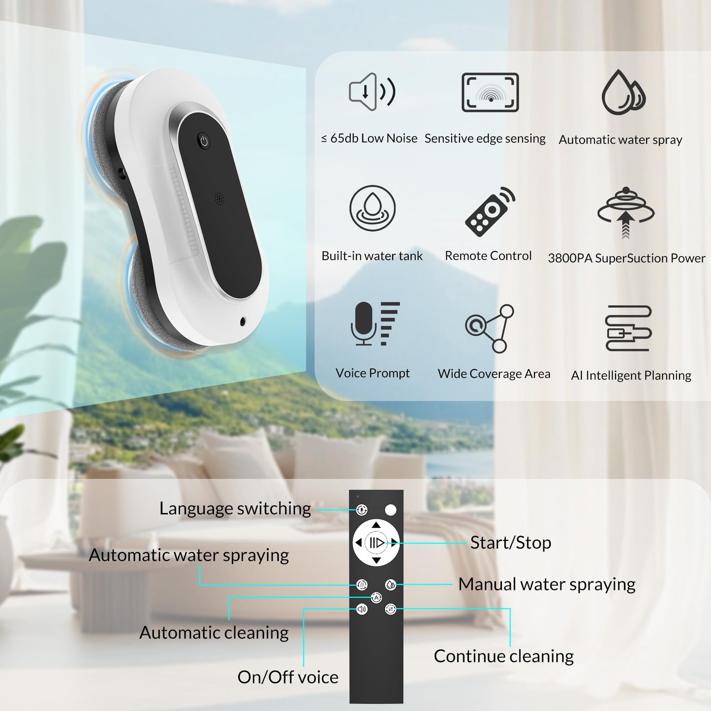 Smart Winbot,Window Cleaning Robot with Dual Water Spray, Automatic Window Cleaner Robot for Windows/Tiles/Glass Door,3000Pa Suction Power, Edge Detection Technology,APP&Remote Control Washer