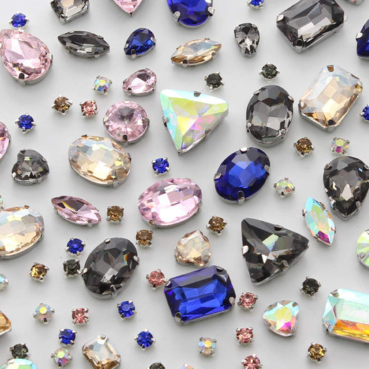 TANOSII Sew on Rhinestones 100 PCS Mixed Shapes Glass Rhinestones Sew on Crystal Gems Mental Flatback with Silver Claw for Jewelry Crafts Clothes Shoes Costume Garment Mixed Colors B