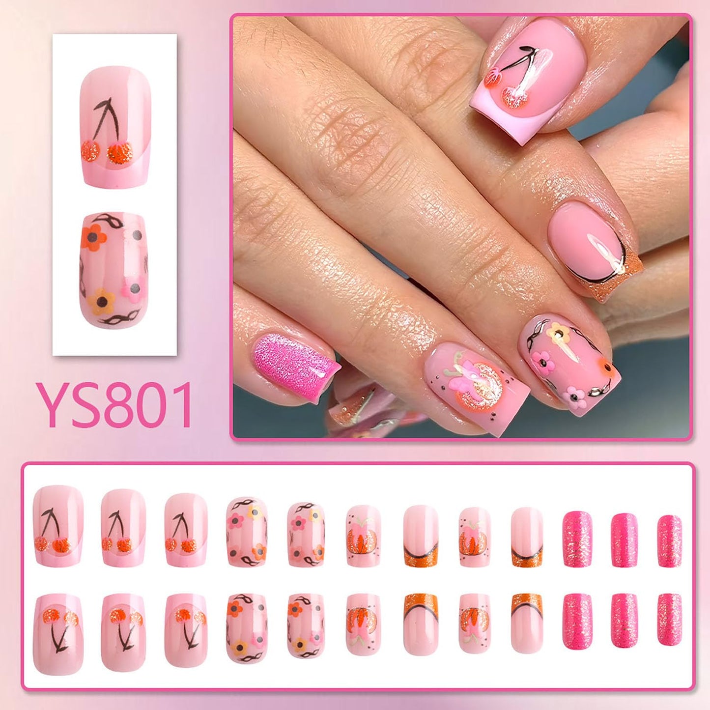 FIEONCIY Press on Nails Square Short Length Glossy Full Cover Acrylic Short Square Shaped False Nails with French Designs Artificial Fake Nails Glue Stick ons Fingernails for Women Girls(W2452)