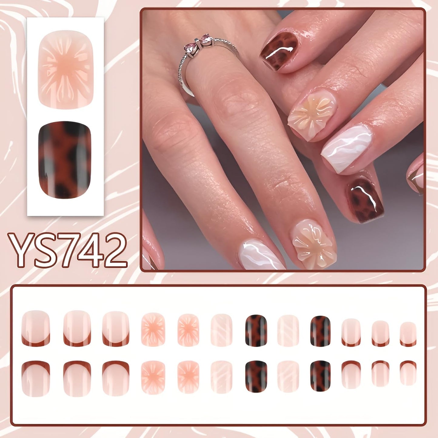 24Pcs Short Square Fake Nails 3D Flower Press on Nails Brown French Tip Stick on Nail Leopard Print Nails Press Ons Glossy False Nails Acrylic Stick on Nail for Women Decorations Set