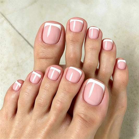 Modelones Press on Toenails Short, Pink French Tip Toe Nails Square, Reusable Nail Kit with Nail Glue Adhesive Tabs Mini Nail File, Toe Nails 36Pcs 18Sizes, Summer Spring Women Girl Gift