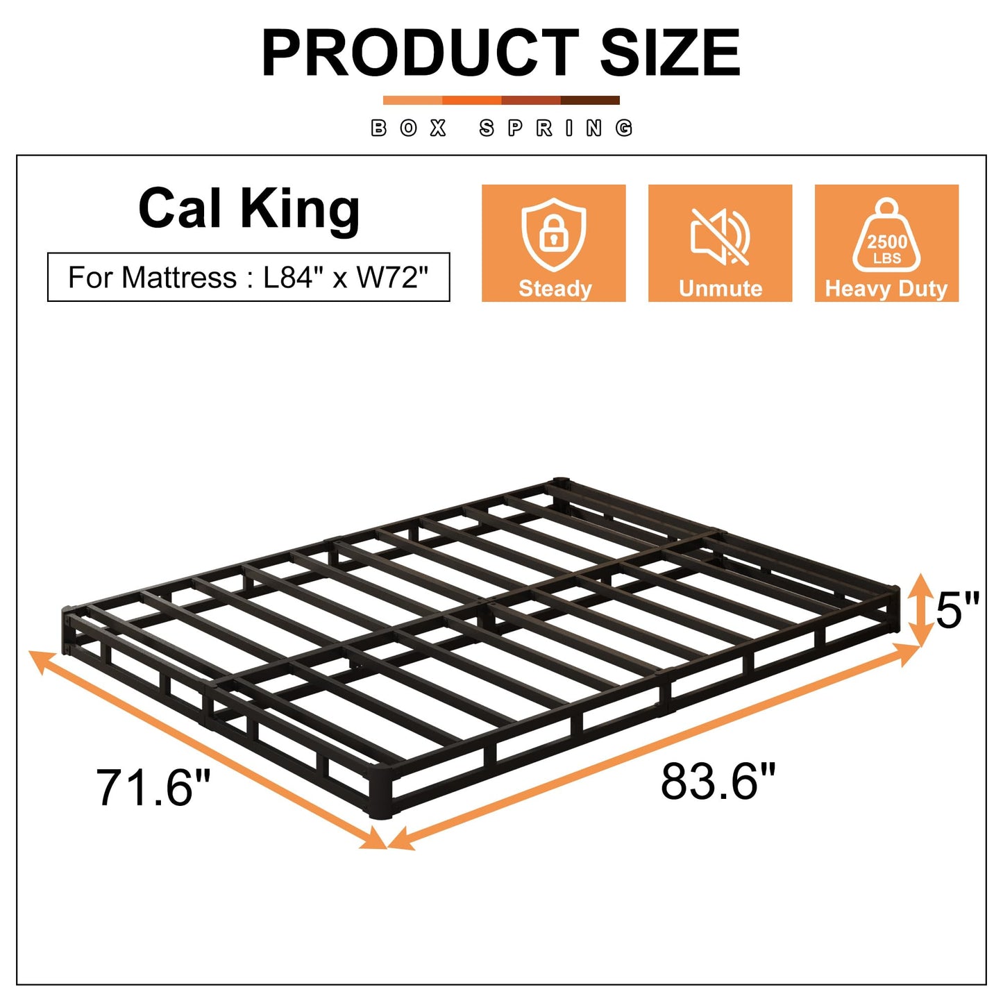 EMODA 5 Inch California King Box Spring Bed Base, 3000 LBS Heavy Duty Metal Mattress Foundation with Fabric Cover, Easy Assembly
