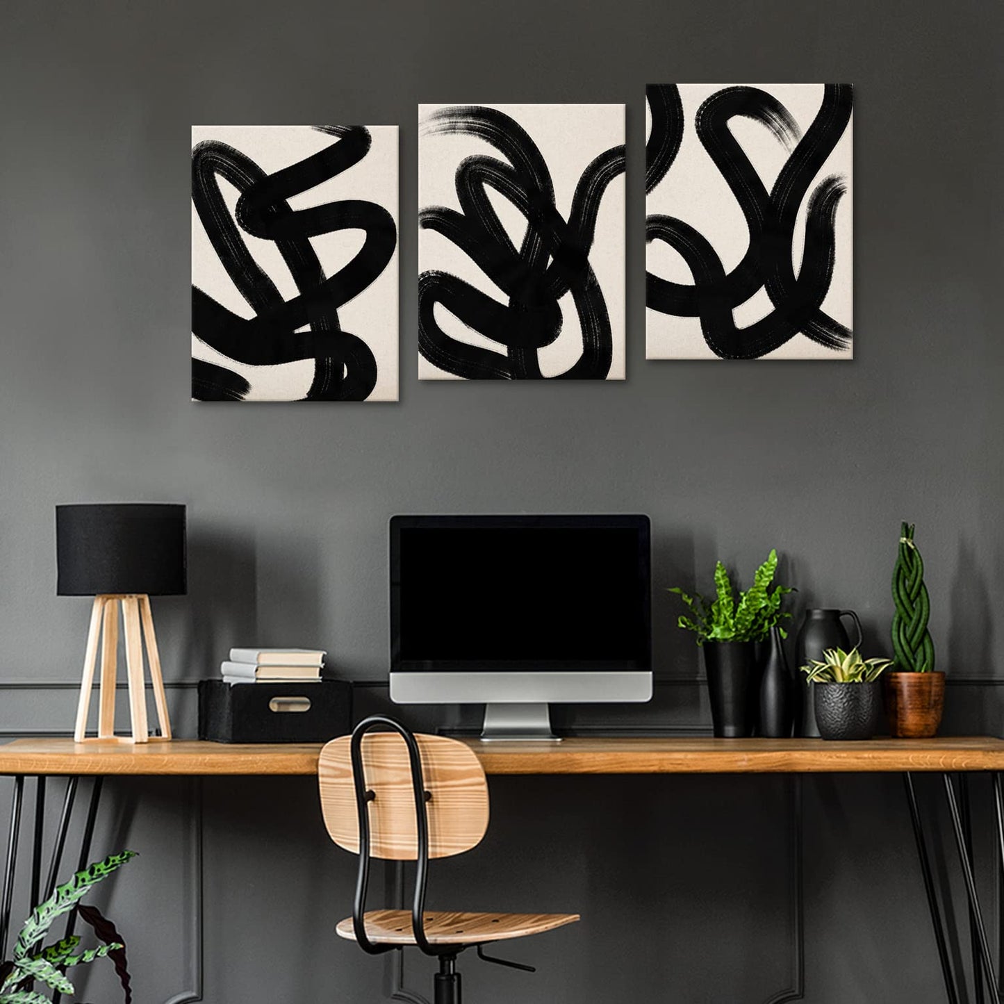 arteWOODS Wall Art Canvas Set Abstract Lines Pictures Modern Mid Century Boho Wall Decor Minimalist Abstract Black Stroke Lines Canvas Painting Artwork Living Room Bedroom Home Office 12"x16" Set of 3