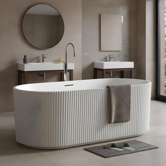 59'' Freestanding Bathtub, Deep Acrylic Soaking Tub with Non-Slip Base, cUPC Certified Modern Free Standing Tub, Chrome Drain, White Bath Tub for Bathroom Remodel and Spa-Like Comfort