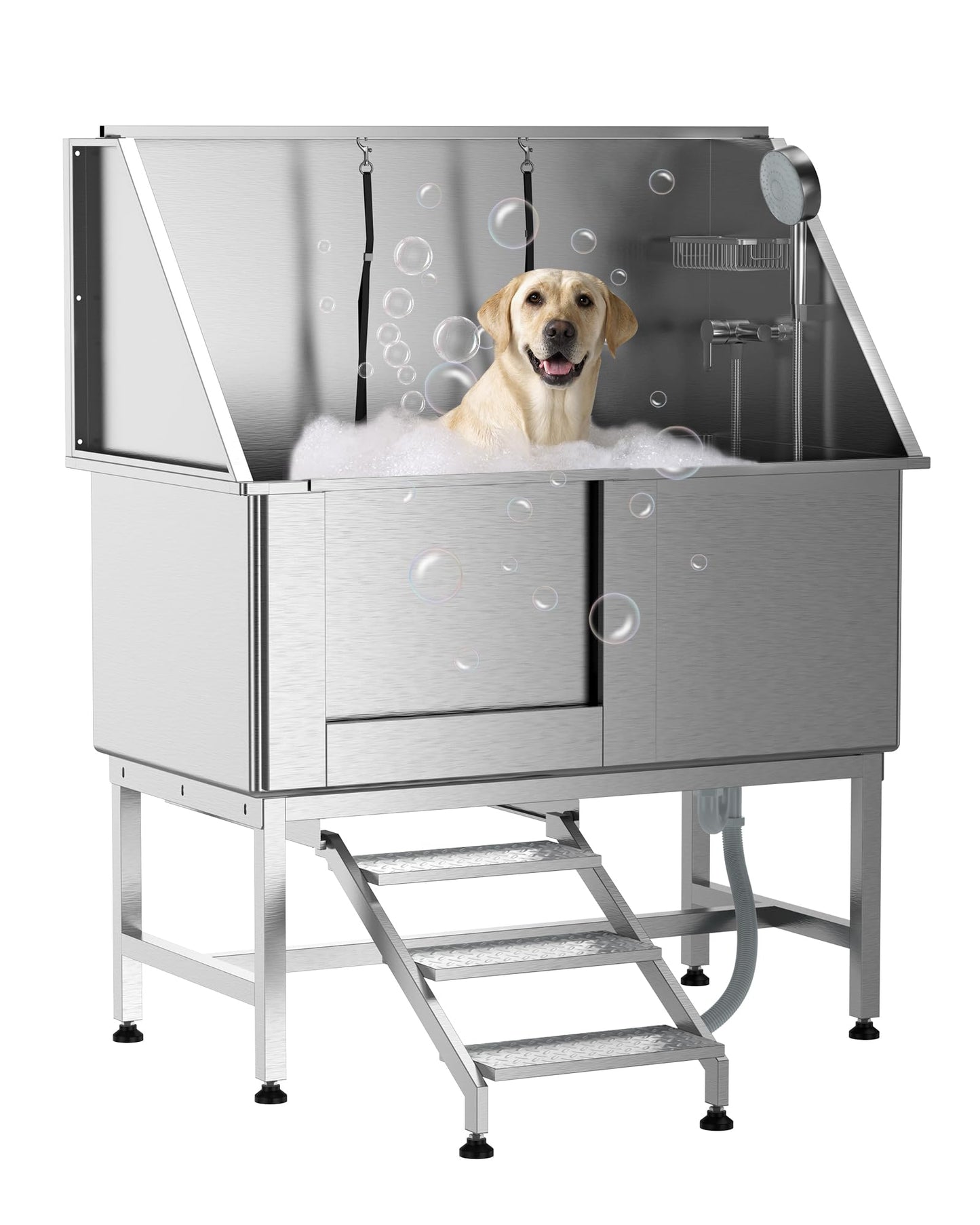 DEXSO 50" Large Stainless Steel Dog Bathing Station, Dog Grooming Bathtub with Faucet, Sprayer, Drain, Left Sliding Door & Retractable Stairs, Professional Dog Bathtub for Home