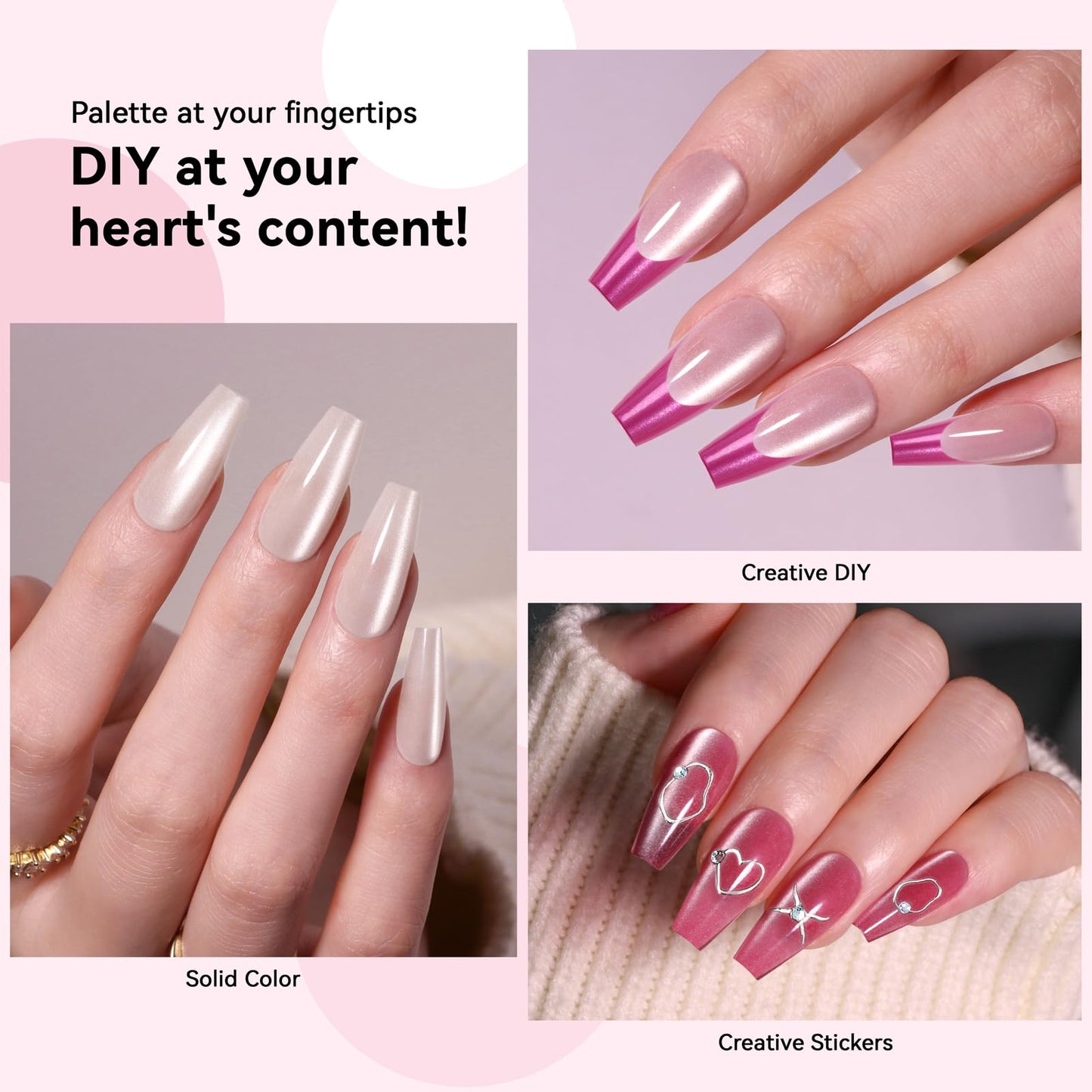 CUZIAM 150Pcs Cat Eye Press on Nails Coffin Medium, 5 Colors Natural Nude Pink Reusable Artificial Acrylic False Nails Glass Magnetic Long Lasting Gel Nail Tips,Fake Nails Manicure Kit for Women