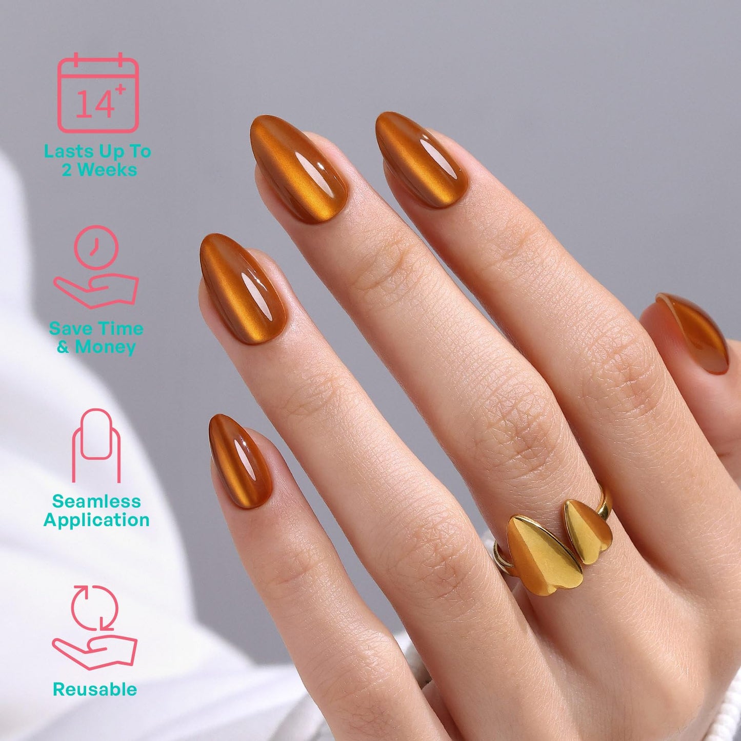 Orange Press On Nails Short Almond - GJZEZ Soft Gel Amber Cat Eye Nails Press Ons Fall Thanksgiving, Salon Quality Magnetic Cateye Glass Glue On Nails | 16 Sizes - 32 pcs Reusable Nail, Maple Syrup