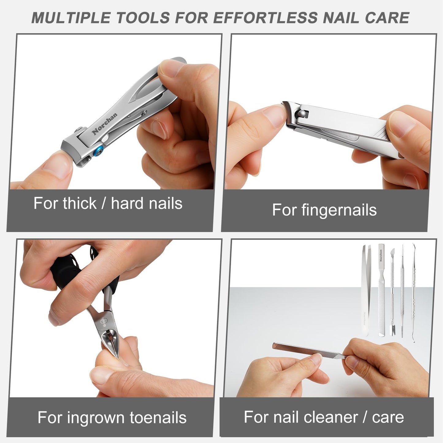 NORCHAN Nail Clippers Kit, 8-Piece Stainless Steel Toenail & Fingernail Clipper with Nail File & Cleaner, Precision Sharp Blade for Easy Clean Cut, Ideal for Men, Women, Seniors, Gift Pack
