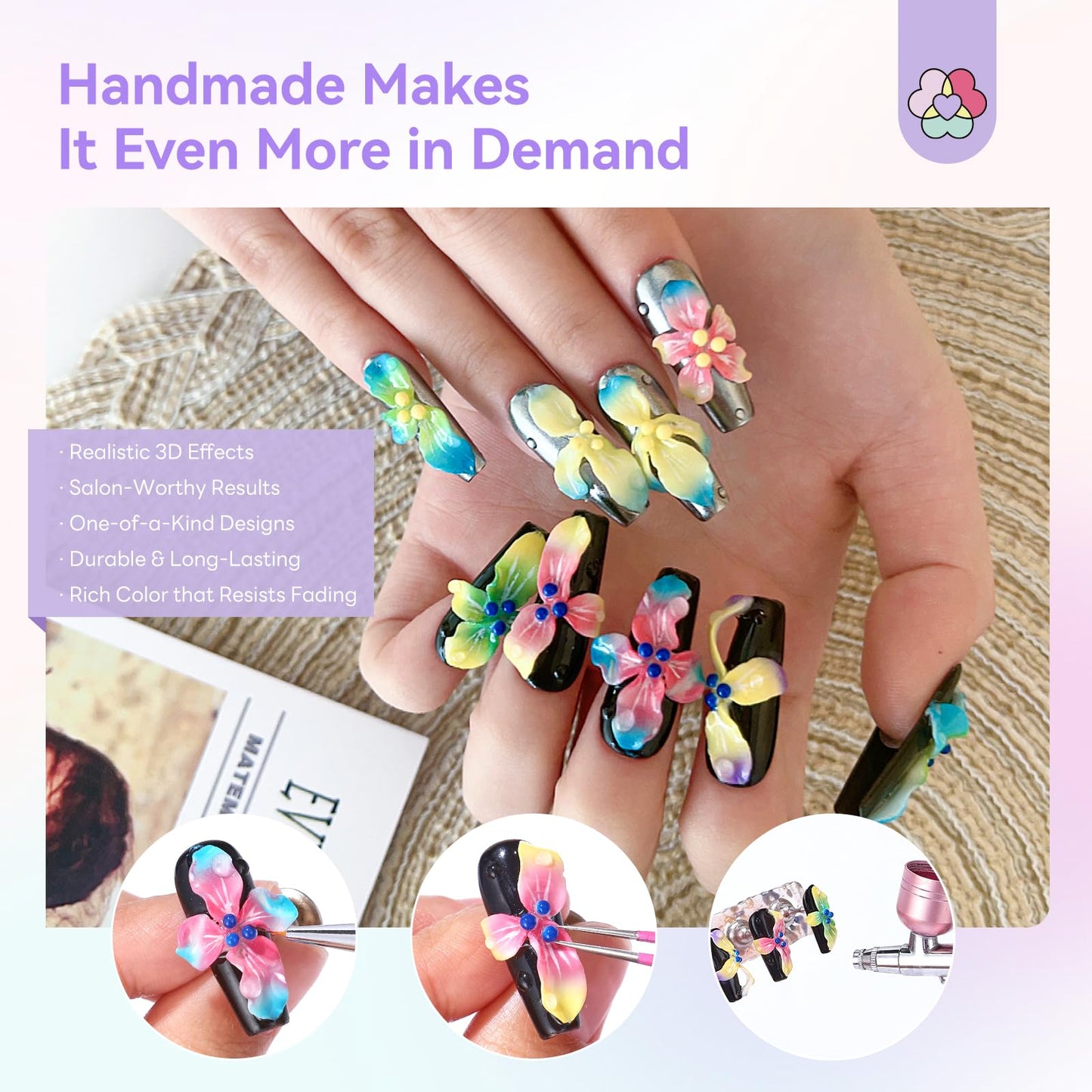 SAVILAND Handmade 3D Press on Nails Kit: Instant Transformation Press on Nails Long Lasting with Nail Glue Nail Adhesive Tabs 10Pcs Flower Fairyland Nail Tips No U V Need (Size M/S)