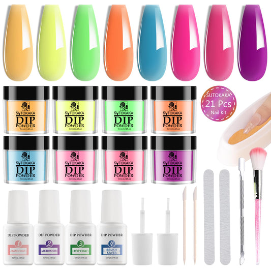 SUTOKAKA Dip Nail Powder Starter Kit with Recycling Tray System, 8 Colors Bright Neon Pastel Summer Colors Acrylic Powder Nail Design Set Home DIY Accessories 21Pcs