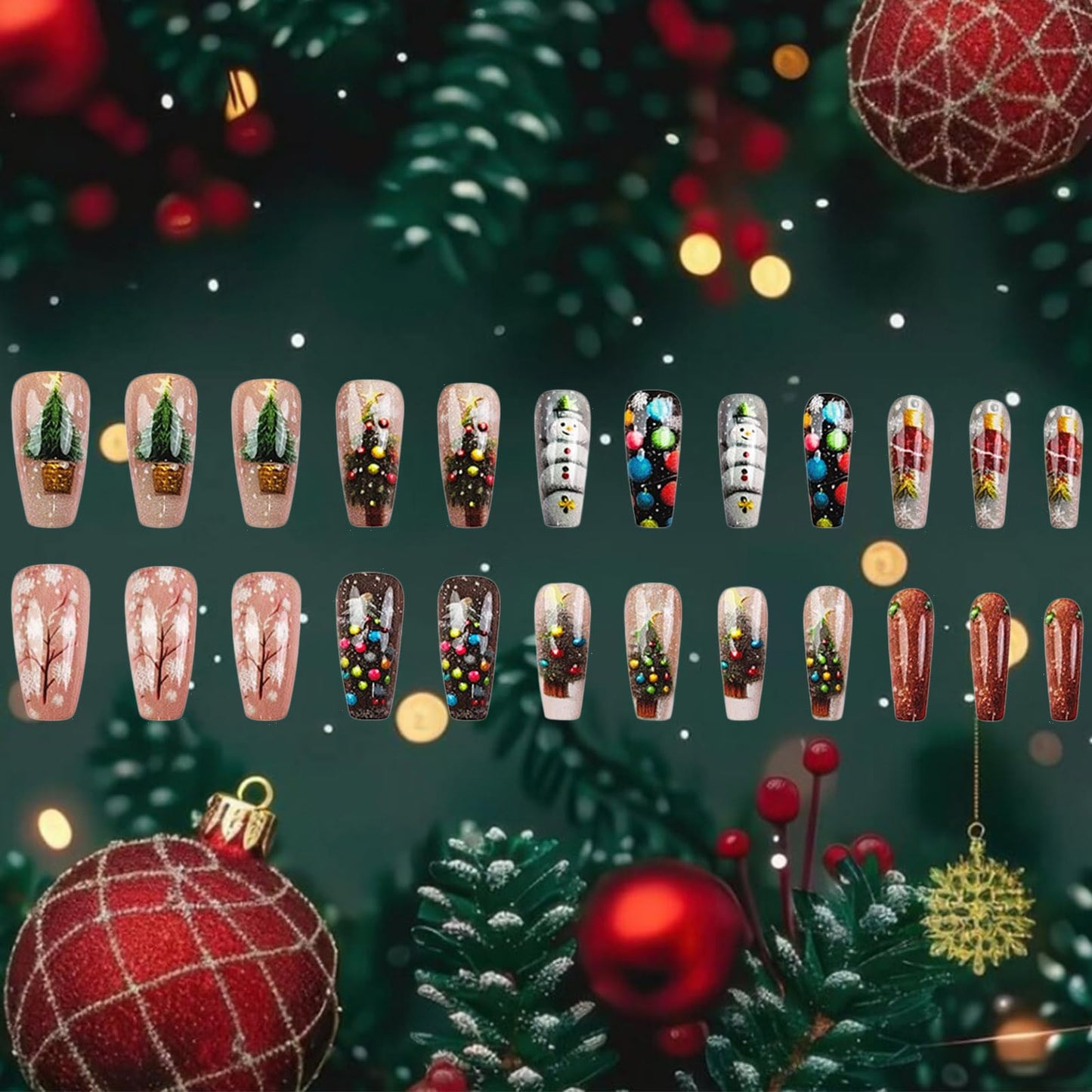Christmas Press on Nails 24Pcs Glossy White Snowflake Acrylic Fake Nail Xmas Bell Medium Coffin False Nails Christmas Tree Stick on Fingernails Snowman Gel Glue on Nail for Women Xmas Gift