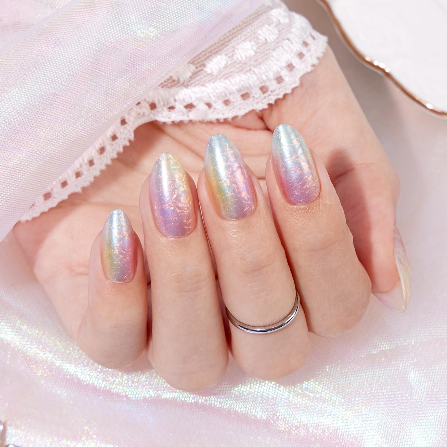 VSALON Press on Nails Medium Almond - Colorful Sfumato Golden Foil Nails Kit for Women, Reusable Spring Summer Opaque Soft Gel Fake Nails with Glue & Cuticle Oil - 32 PCS Glue On Nails in 16 Sizes