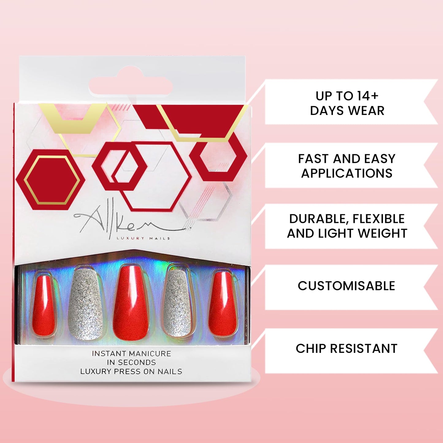 Allkem Press On Nails |Daring Red Medium Long Tapered Ballerina 10 sizes - 20 pcs Coffin Nail Kit with Glue