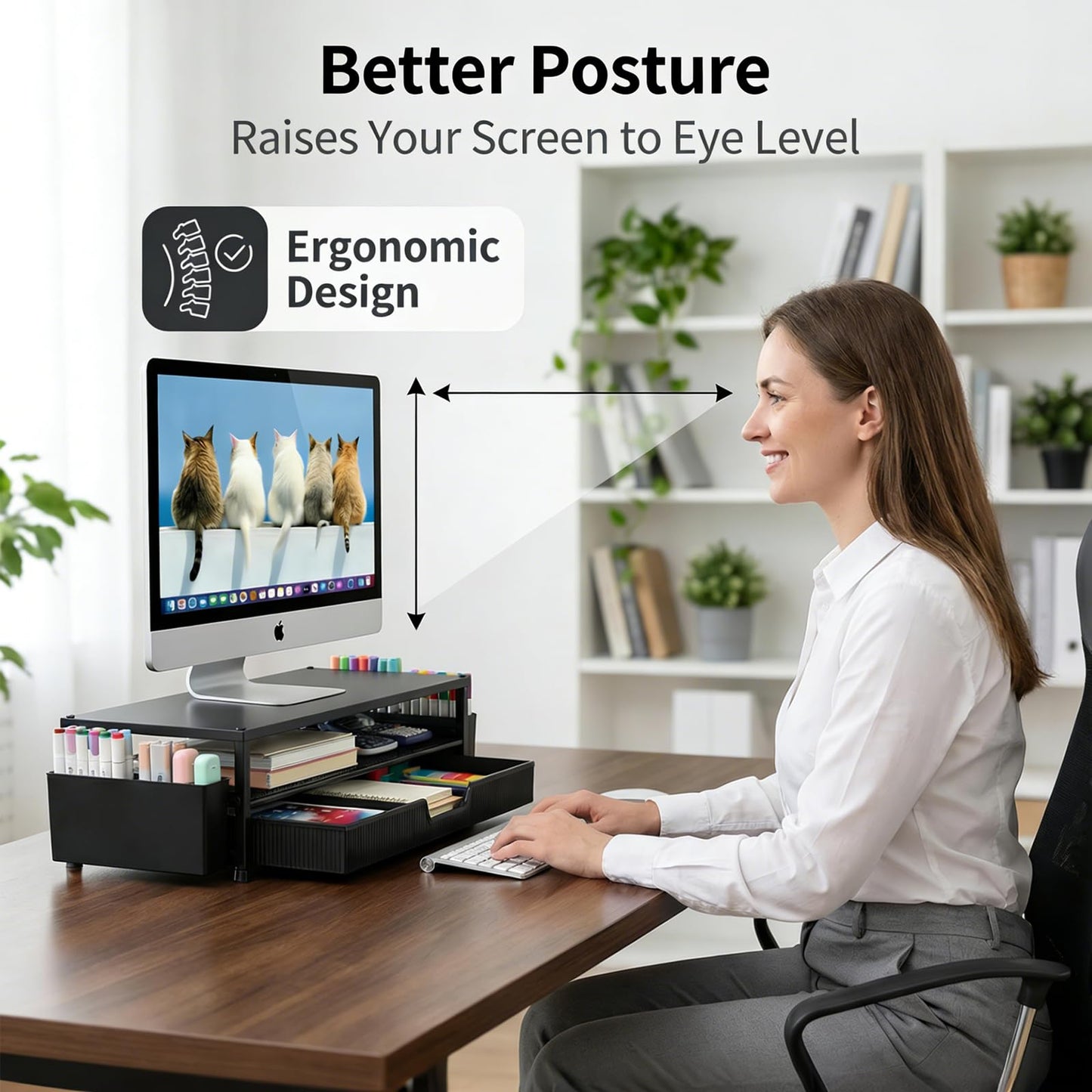 ECOLOVI Desk Organizer and Accessories, 2-Tier Computer Monitor Stand Rise with Storage Drawer & 2 Pen Holders, Laptop & Printer Stand for Desktop, Workspace Organizers for Office Supplies (Black 2-Pack))