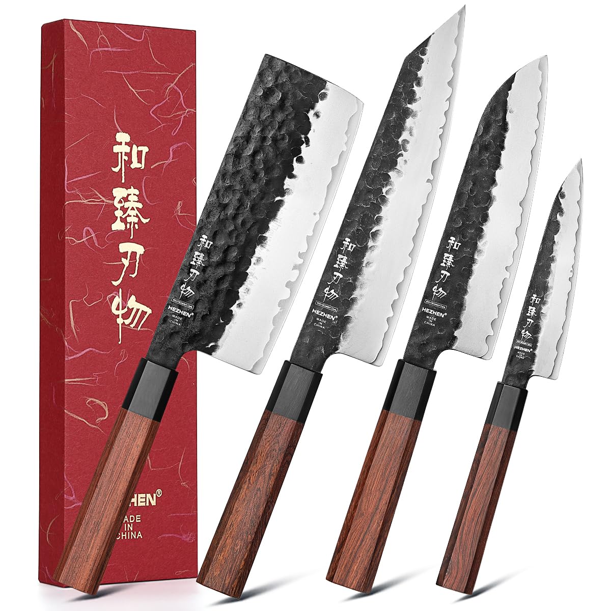 HEZHEN Kitchen Knife Set 4PCS, Clad Steel Chef Knife Nakiri Forged Steel Santoku, Wooden Octagonal Handle
