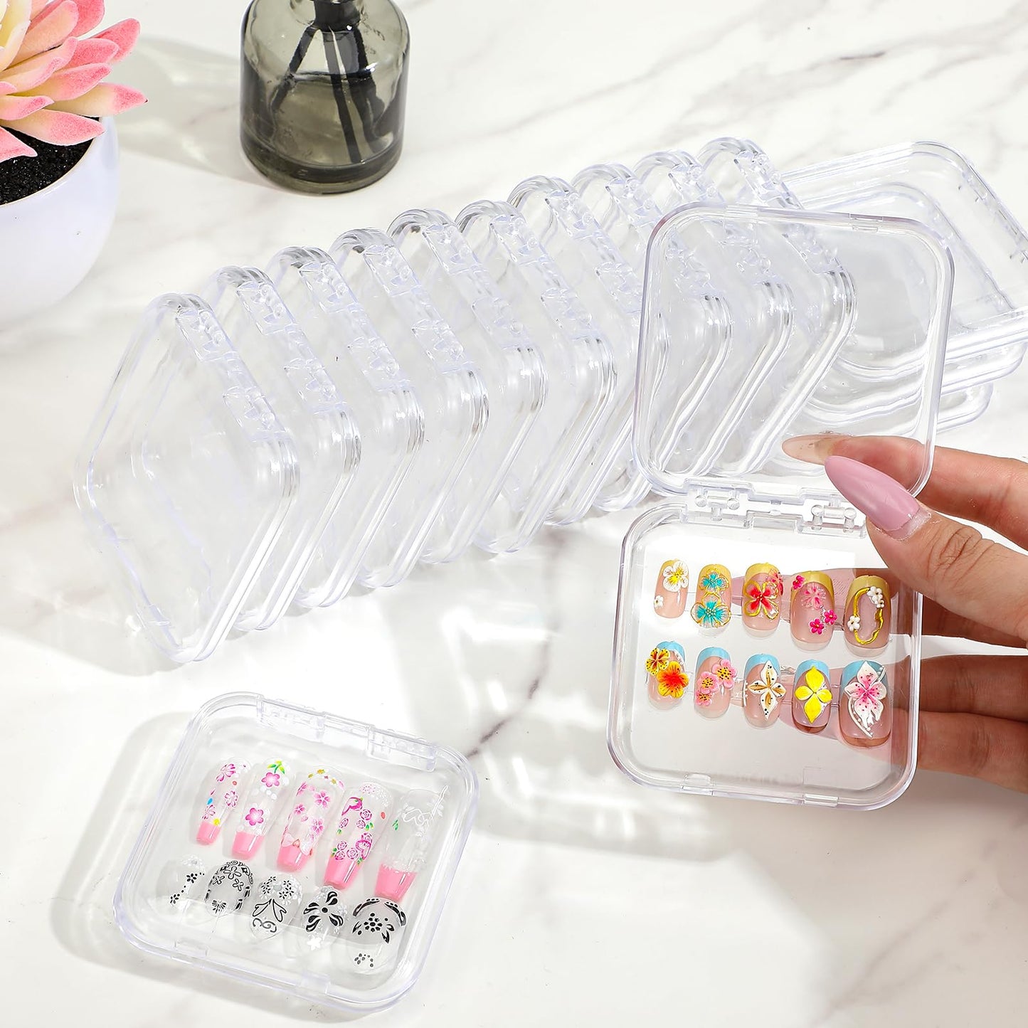 Molain 40 Pcs Clear Press on Nail Packaging Boxes Case with 10M Tape, Plastic Fake Nail Display Organizer Container for Storage Salon Business Jewelry 2.95x2.95 Inch