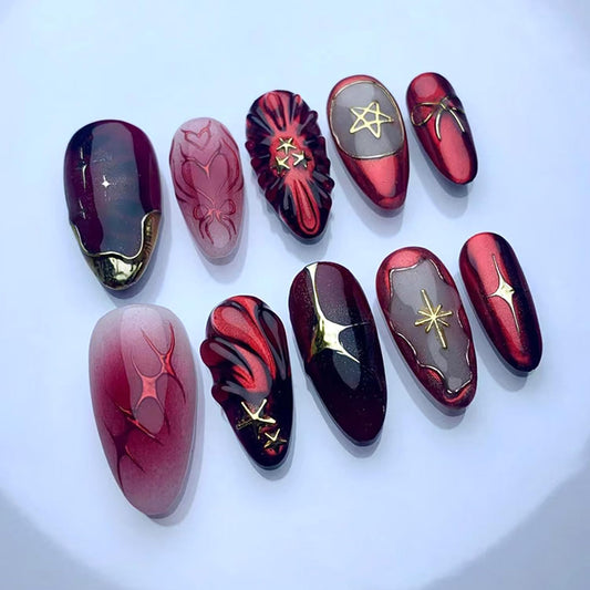 Dark Red Press on Nails Medium Almond Shaped Artificial Acrylic Nails Gradient 3D Gold Star Love Heart with Gold Edge Design Stick on Nails Full Cover Reusable Coffin Artificial Fingernails for Women