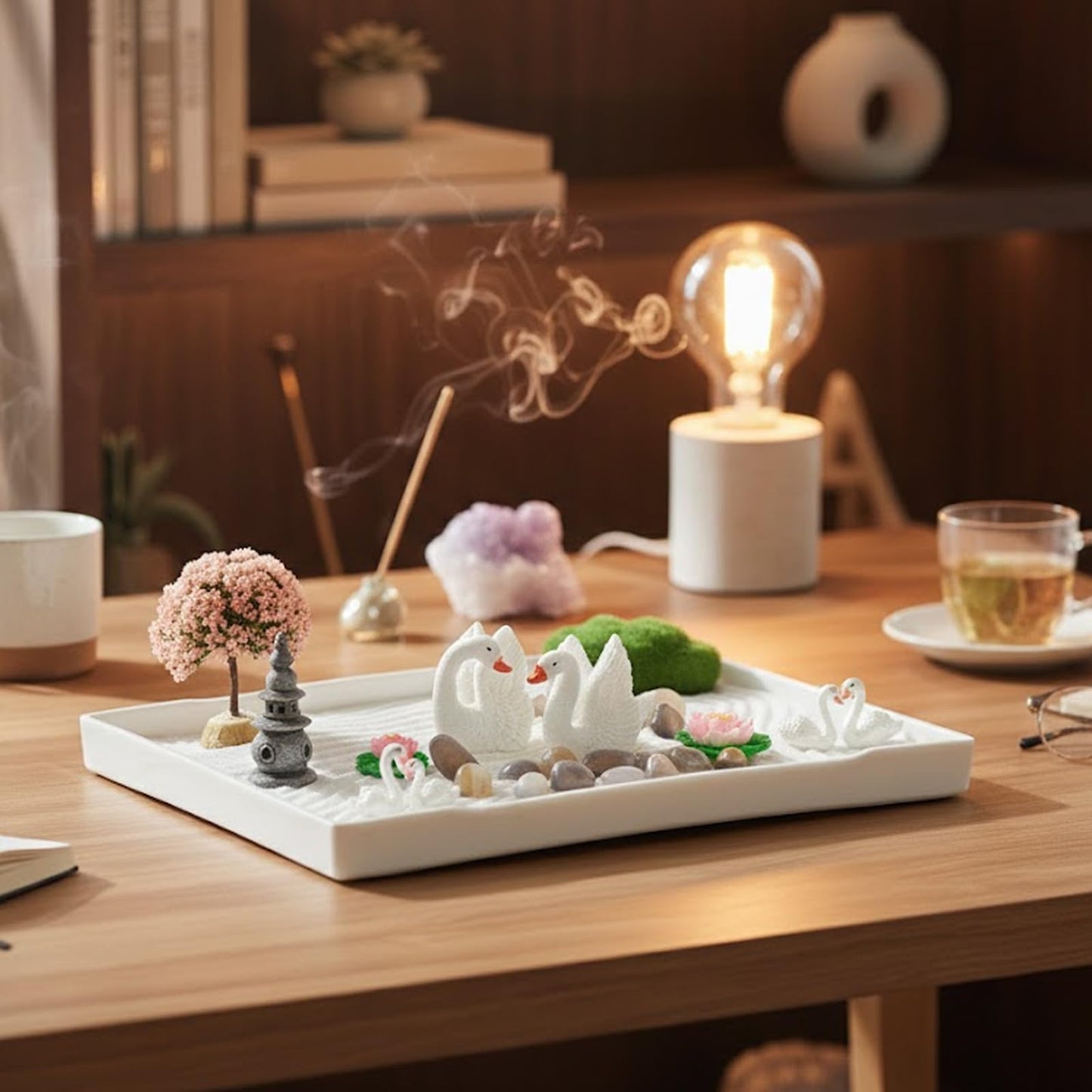 Akisola Zen Garden for Desk, Swan Lake Decor, Sand Tray Therapy Kit for Office - Mini Japanese Décor Sand Garden, Meditation Anxiety Relief, Office Desk Decor & Relaxation Gift (White)