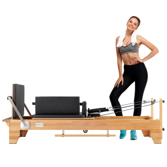 Pilates Reformer Machine with Sitting Box & Jumpboard – Adjustable Resistance, Durable Black PVC Upholstery – Ideal for Home or Studio Workouts