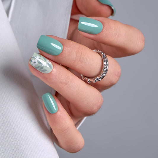 Curvlife Soft Gel Press on Nails with 30pcs Green Flower Design Full Cover Fake Nails for Women Reusable Nail Kit with Nail Glue Adhesive Tabs