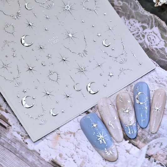 Silver Nail Stickers 5D Embossed Star Moon Nail Decals Cute Hearts Nail Designs Galaxy Sun Nails Supplies Self Adhesive Golden Goth Valentines Gel Nail Decals Stickers for Women DIY Manicure 1 Sheet