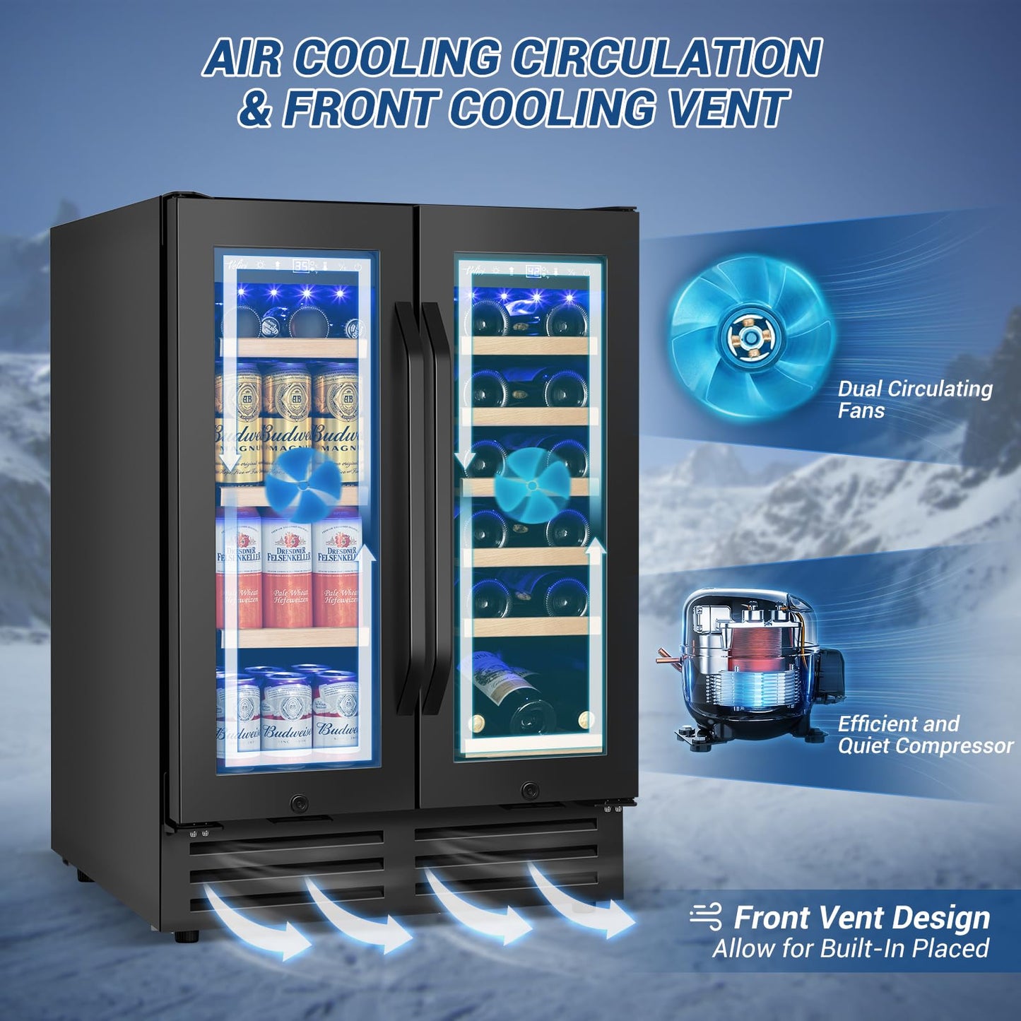Velivi 24" Black Dual Zone Wine & Beverage Refrigerator | Under Counter Built-In or Freestanding | 18 Bottles & 68 Cans | Glass Door with Lock Large Capacity for Beer Wine Soda Drinks