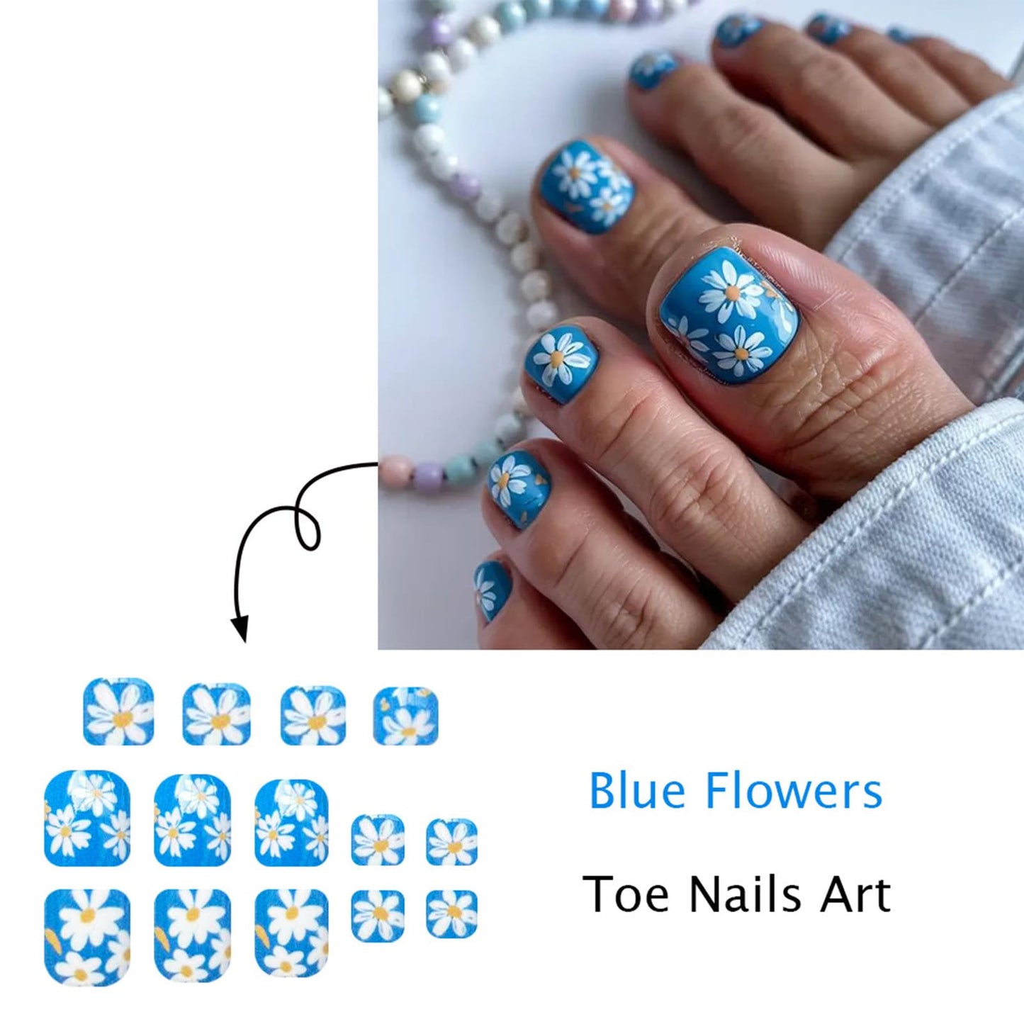Daisy Press on Toenails Short Square Fake Toe Nails with Flower Designs Summer Beach Toe Nail Press ons Blue Glue on Toe Nails Acrylic Stick on Toenails for Women Manicure 24Pcs