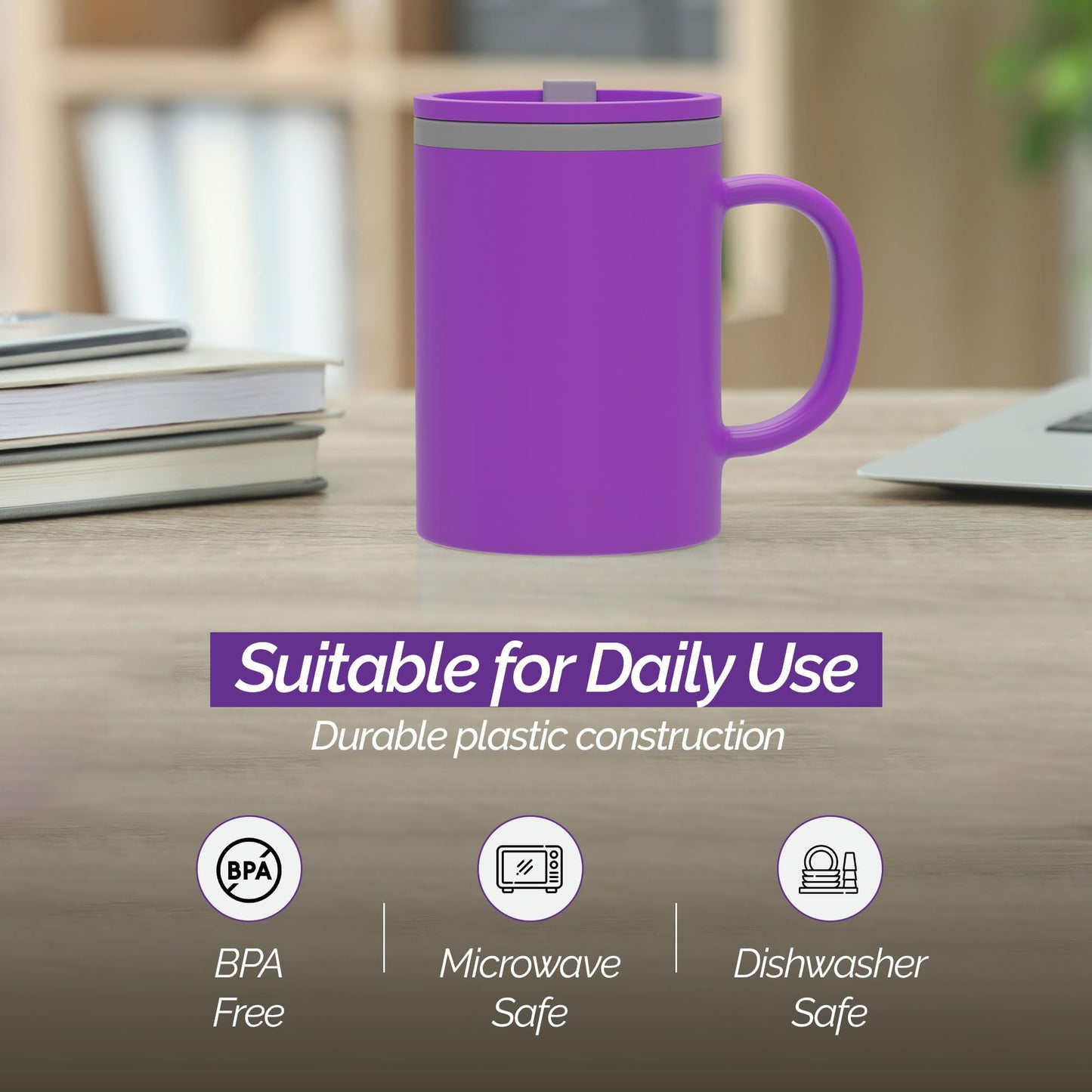 Copco Iconic 16oz Double Wall Insulated Desk Mug with Lid & Handle, Set of 2, BPA-Free Reusable Plastic, Spill-Proof, Microwave & Dishwasher Safe, Wide Mouth, Cup Holder Friendly (Purple/Light Purple)