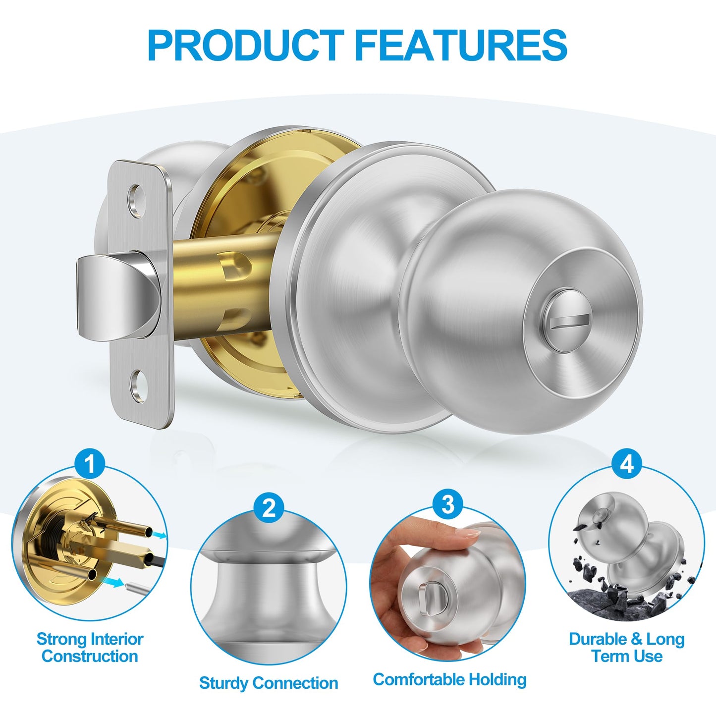 Plustool 5 Pack Privacy Door Knobs Interior, Satin Nickel Doorknob with Lock -ANSI Grade-3 Certified, Keyless Door Locks for Bedroom,Bathroom, Modern Heavy Duty Handle with Round Ball, Easy to Install