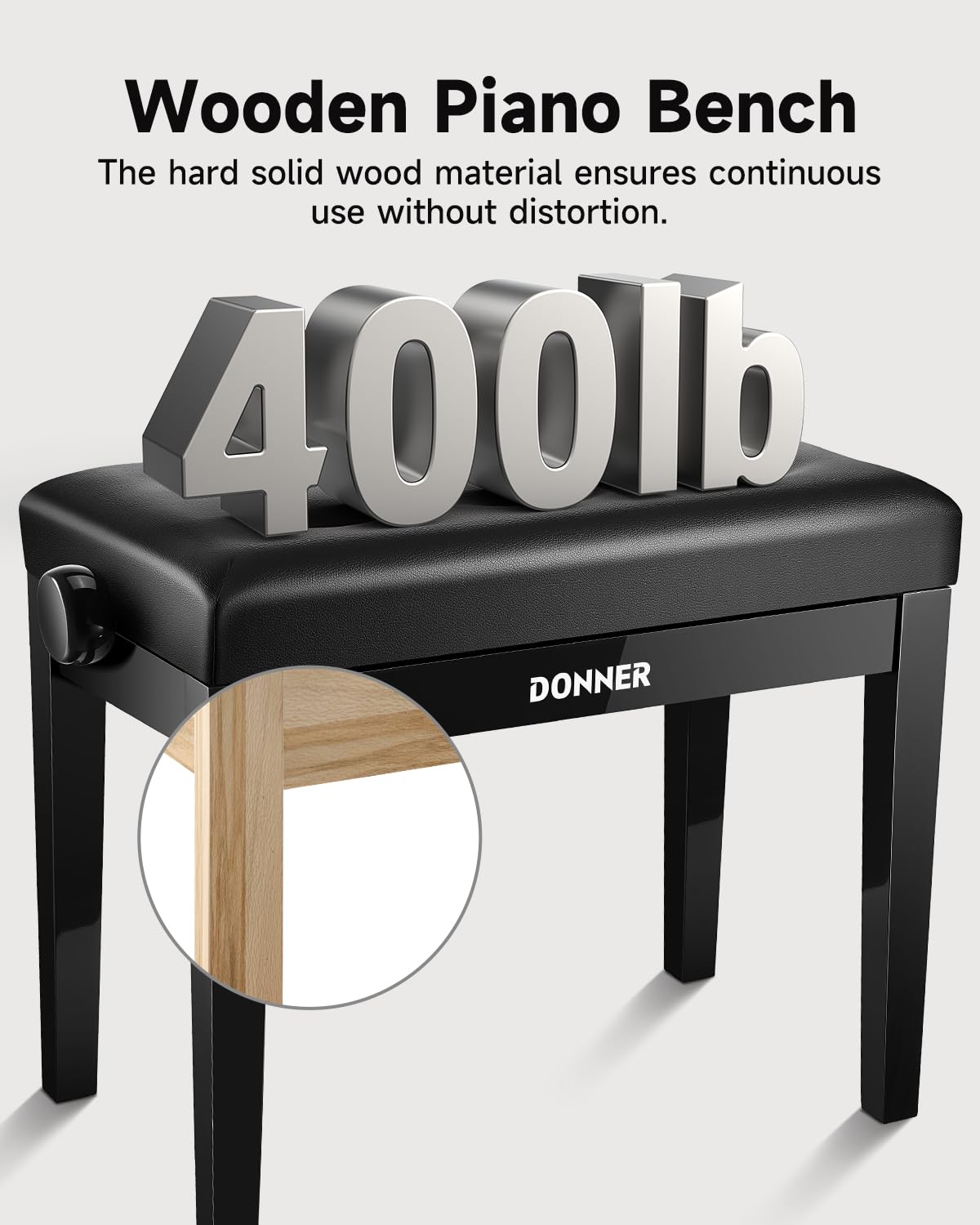 Donner Adjustable Piano Bench, Solid Wood Keyboard Bench Piano Chair Seat with High-Density Sponges Cushion,Wooden Piano Stool with Metal Lifting Devices, Black
