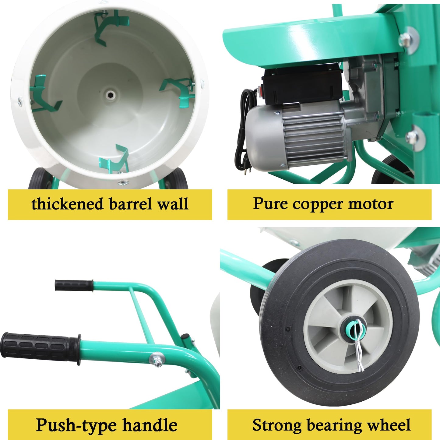 HQHAOTWU Electric Cement Mixer Concrete Mortar Steel Mix Drum Hand-pushed Movable Concrete Mixer Machine 5.3 Cubic Ft/150L Cement Mixing Drum for Stucco with Wheel and Stand