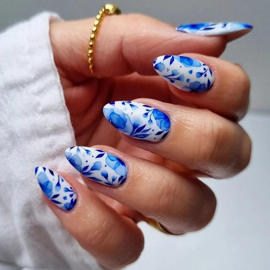 Rilafuvu Press on Nails Almond Fake Nails Short False Nail Blue and White Porcelain Acrylic Nails Full Cover Glue on Nail Glossy Stick on Nail Floral Acrylic Press on Nails Cute/lovely 24Pcs-12Sizes