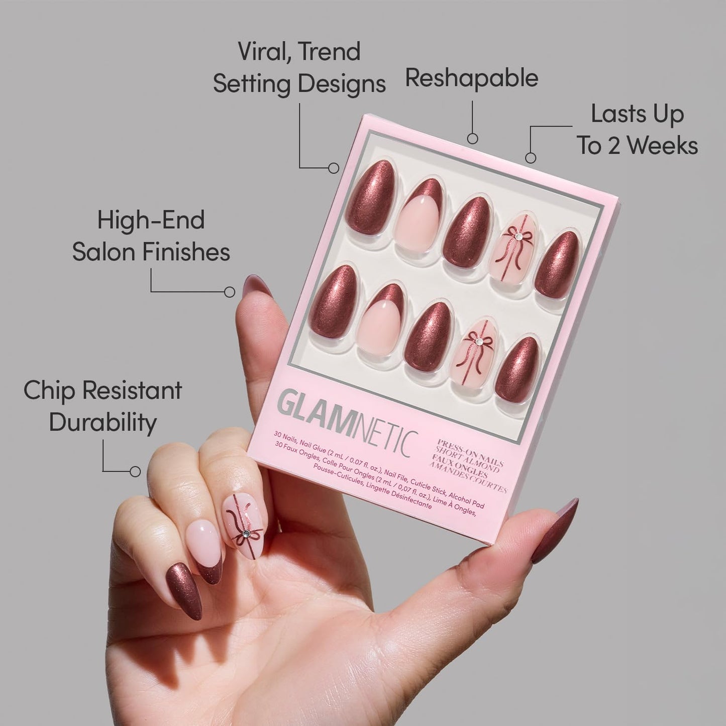 Glamnetic Press On Nails - She's A Gift | Short Almond Fake Nails in Burgundy Chrome with French Tips and Ribbon Designs with 3D Gems, Salon Quality | 15 Sizes - 30 Nail Kit with Glue