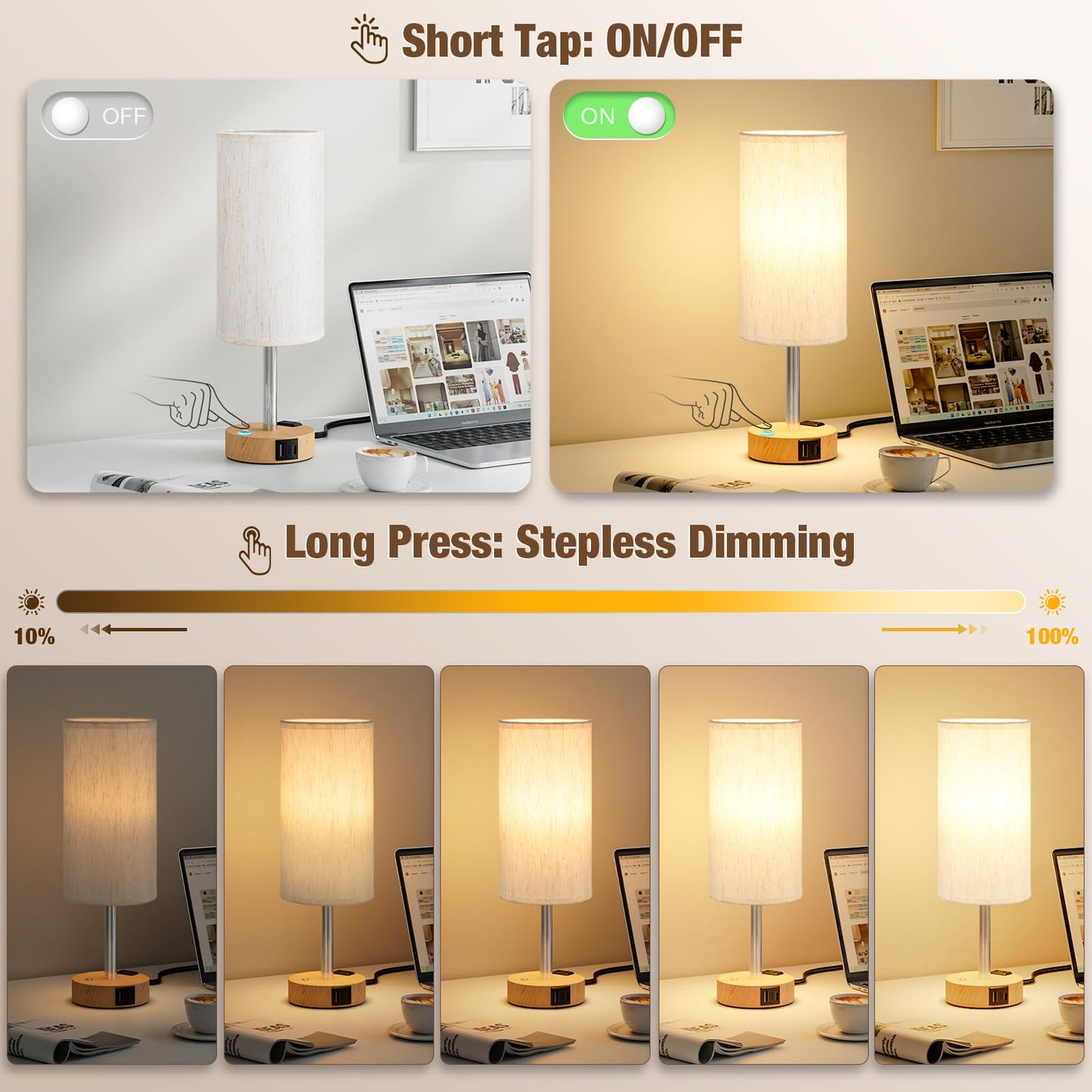 Touch Bedside Table Lamp with Memory - Stepless Dimmable Lamp for Bedroom, Small Nightstand Lamp with Dual USB Charging Ports and AC Outlet, Wood Night Light, Deak Lamp for Nursery, Living Room, Dorm