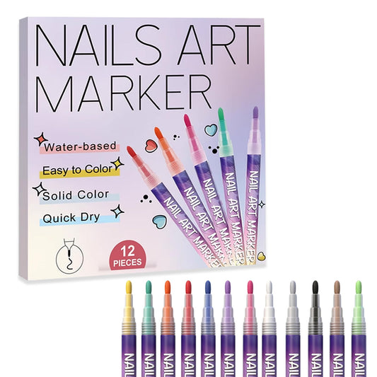 Zisen Bilen Nail Art Marker - 12 Vibrant Colors Nail Polish Markers, Quick Dry Waterproof DIY Nail Pens for Beginners