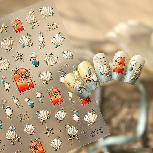 Summer Ocean Theme Nail Stickers 5D Embossed Nail Decals Gold Foil Seashell & Palm Tree Nail Art Stickers Self-Adhesive Nail Stickers for Nail Art for Women Girls DIY Manicure, 1 Sheet
