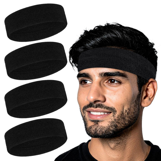 DOPENSPI 4PCS Sweat Band, Black Sweatbands Sport Headband for Men Women Polyester Moisture Wicking Head Band for Athletic Exercise Running Tennis Basketball Yoga Fitness Working Out