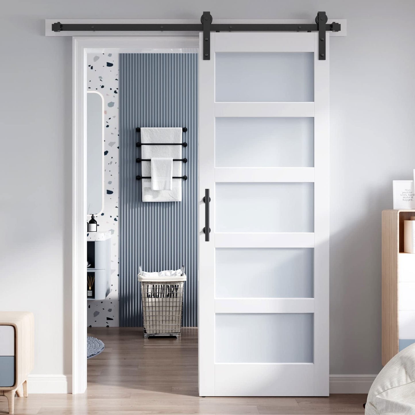 ROYMELO 32x80 Inch Glass Sliding Barn Door Slab and 5.5ft Hardware Kit Included, 5 Frosted Glass, LVL Wood Panel Covered with White Water-Proof Scratch-Proof PVC Surface, Simple DIY Assembly
