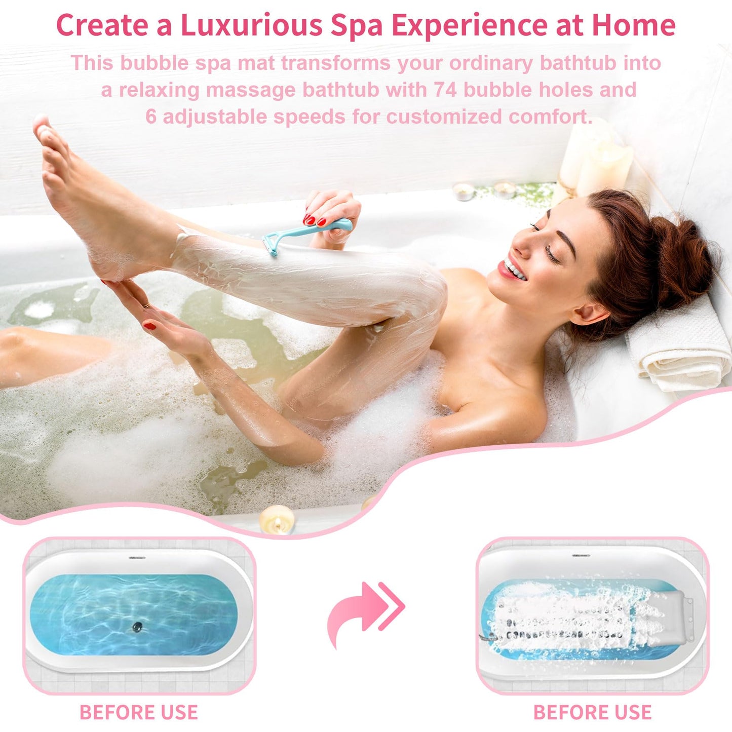 Bubble Bath Mat - Portable Spa Massager Mat for Bathtub with Remote Control, Inflatable Backrest & Non-Slip Suction Cup (44.9" x 16.9" Pink)