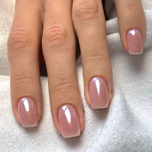Transparent Press on Nails Short Square Acrylic Fake Nails Light Pink Transparent Design False Nail Press ons Chrome Manicure Set for Women 24Pcs
