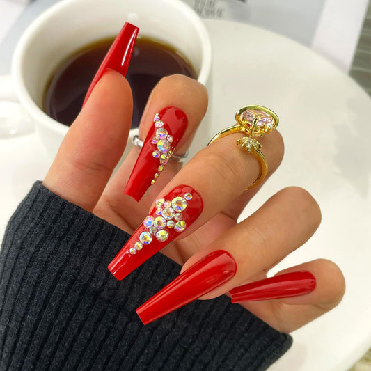 Artquee Red Coffin Press on Nails Long Fake Nails with Rhinestones Design Full Cover Luxury Bridal Wedding False Nail Kit Stick on Nails for Women 24Pcs